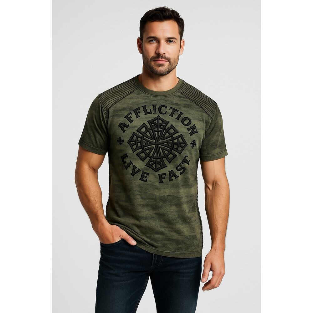 Affliction Live Fast Green Distressed Graphic T Shirt Mens 3XL Embroidered USA